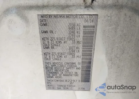 2014 Nissan Rogue Sv z USA, uszkodzony, nr VIN 5N1AT2MT0EC822973